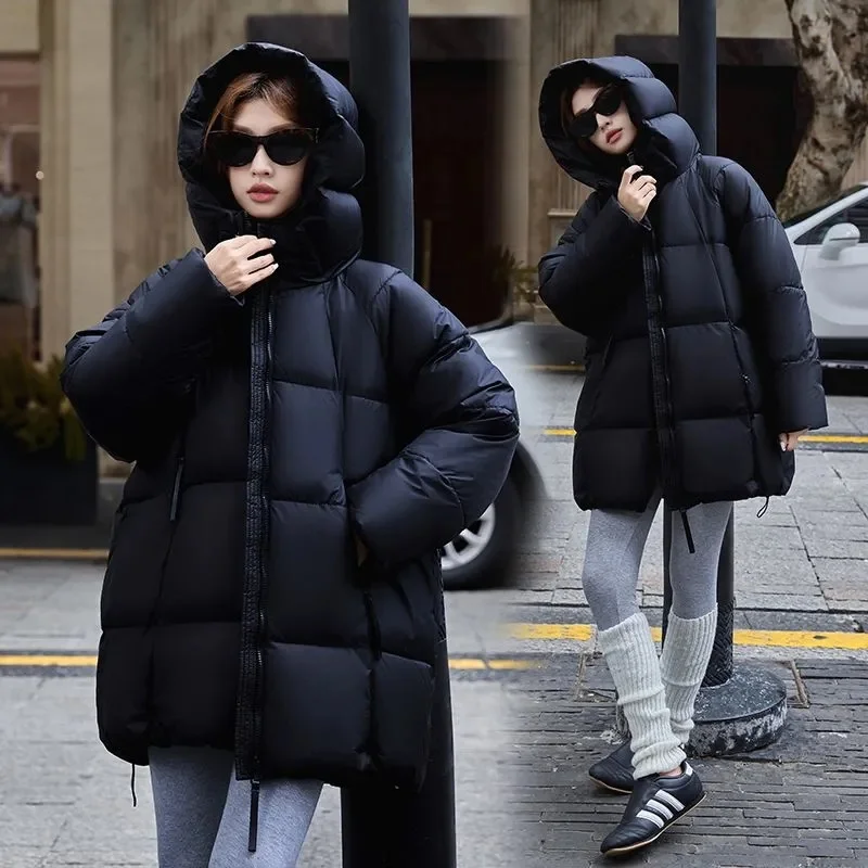 

2025 Women Hooded Down Cotton Coat Autumn Winter Ladies Long Sleeves Parkas Jacket French Feminine Light Luxury Puffer Outwear