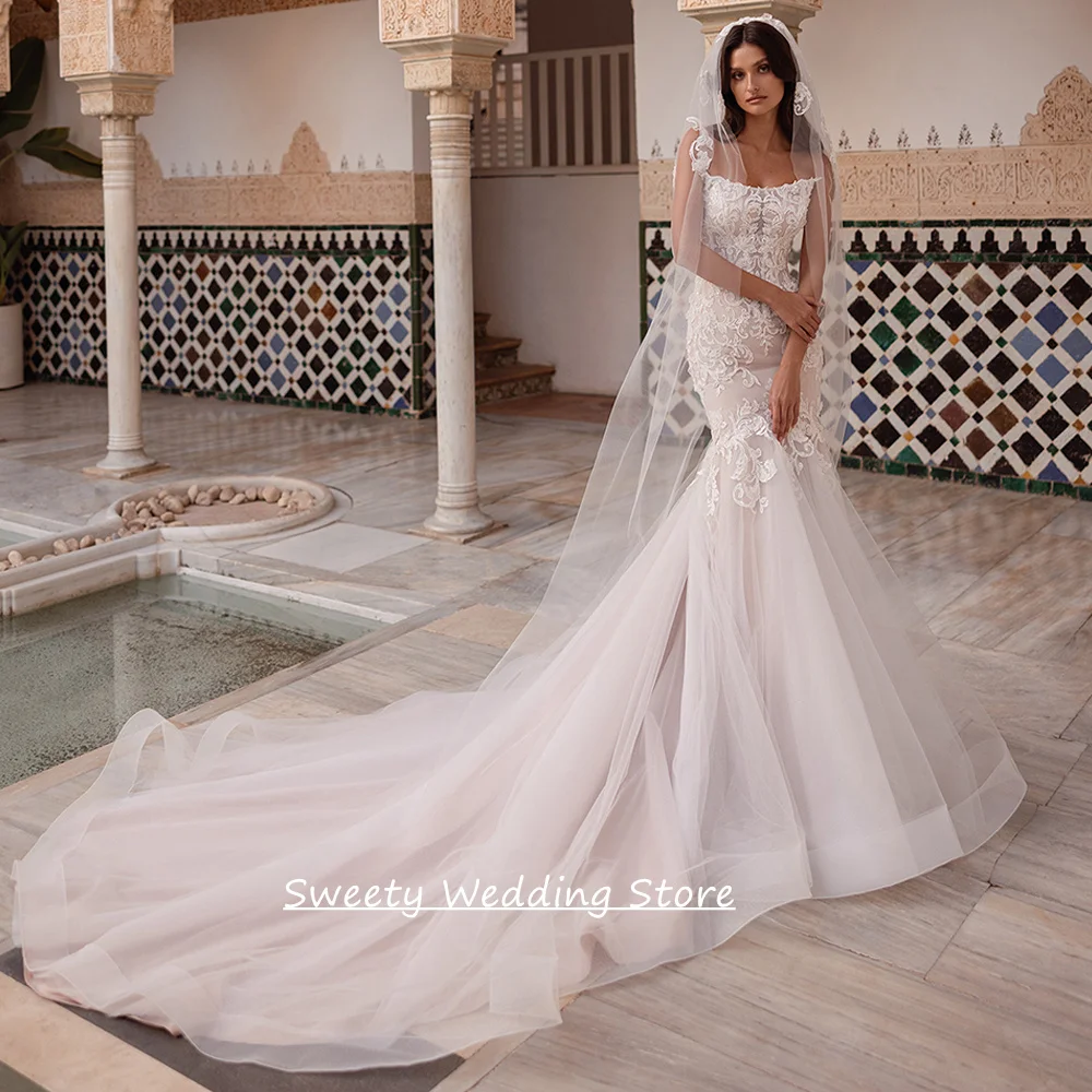 

Court Train Mermaid Wedding Dress for Bride Customized Strapless Sleeveless Applique See Through Soft Tulle Bridal Gown