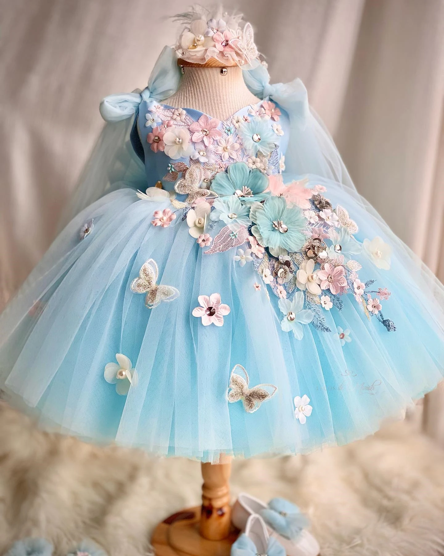 Princess Sky Blue Flower Girl Dresses For Wedding Tulle Bow Appliqued Floral Lolita Toddler Pageant Gowns Kids Birthday Dress