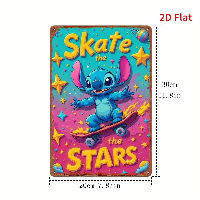قطعة واحدة من ديكور فني جداري معدني من Stitch Skate the Stars - 20.32 × 30.48 سم تصميم كوني نابض بالحياة مع غرز ونجوم للتزلج، داخلي