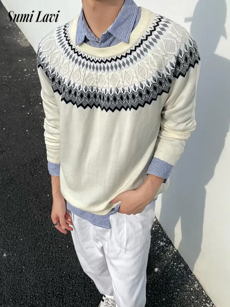 

Винтажные текстурированные свитера крючком, мужские осенне-зимние повседневные вязаные джемперы с длинными рукавами, мужские модные свитера с круглым вырезом