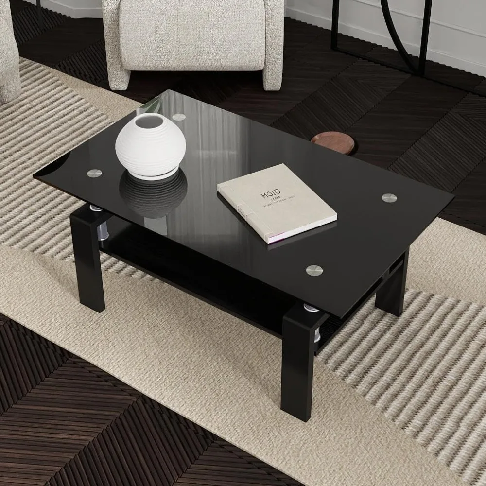 Mesa de centro de vidrio transparente con estructura de tubo de metal, diseño elegante totalmente negro para salas de estar modernas