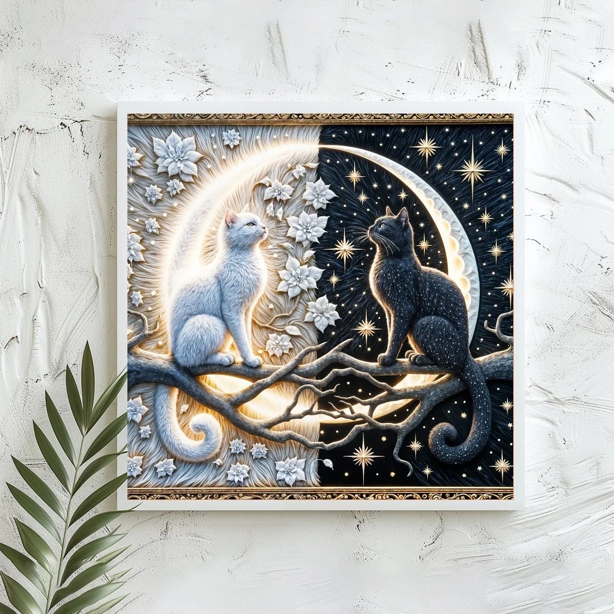 1 Stück 40x40 cm/15,74 Zoll, 11Ct/14Ct Kreuzstich-Set, DIY Valentinstagsgeschenk, Stickerei-Set für Festlichkeiten, Sonne, Mond, Katzen, Ast – Detail 2