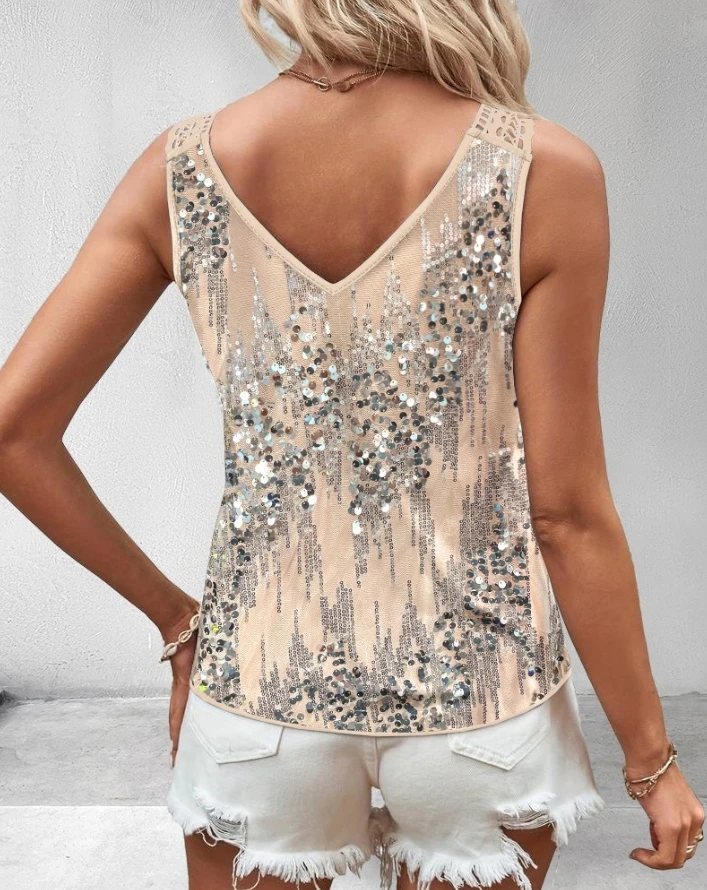 Women's Blouse Tops Casual Daily 2024 Summer Fashion Solid Color Contrast Sequin Lace Patch V-Neck Sleeveless Straight Tank Top