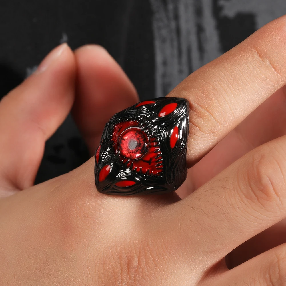 THE BLING KING Men\'s Red Devil Eye Ring Ruby Evil Teeth Big Black Parasite Charm Gothic Vintage Punk Jewelry For Cosplay Party