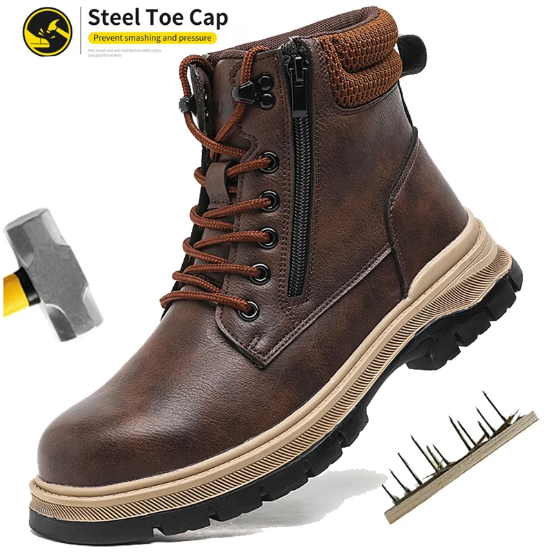 

Мужские высокие защитные ботинки: рабочие ботинки со стальным носком, противоударные, водонепроницаемые, противопрокольные и нескользящие неразрушимые походные ботинки