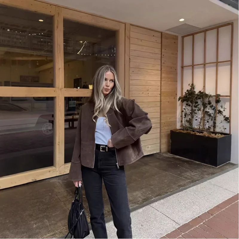 

Casual Turn-Down Collar Zipper Coat European and American Women's Fashion