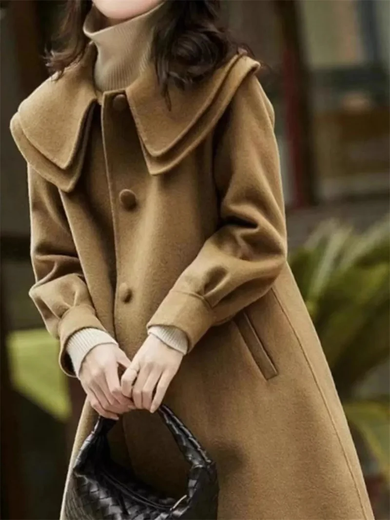 Women's Wool Coat 2023 Autumn Winter Korean doll Double layered collar Mid length Single breasted Femme Woolen Outerwear