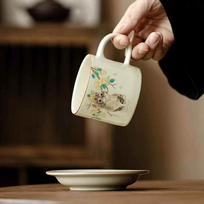 

Hand Drawn Cartoon Cat Ceramic Latte Art Cappuccino Barista Cup with Saucer Porcelain Ruyao Coffee Mug
