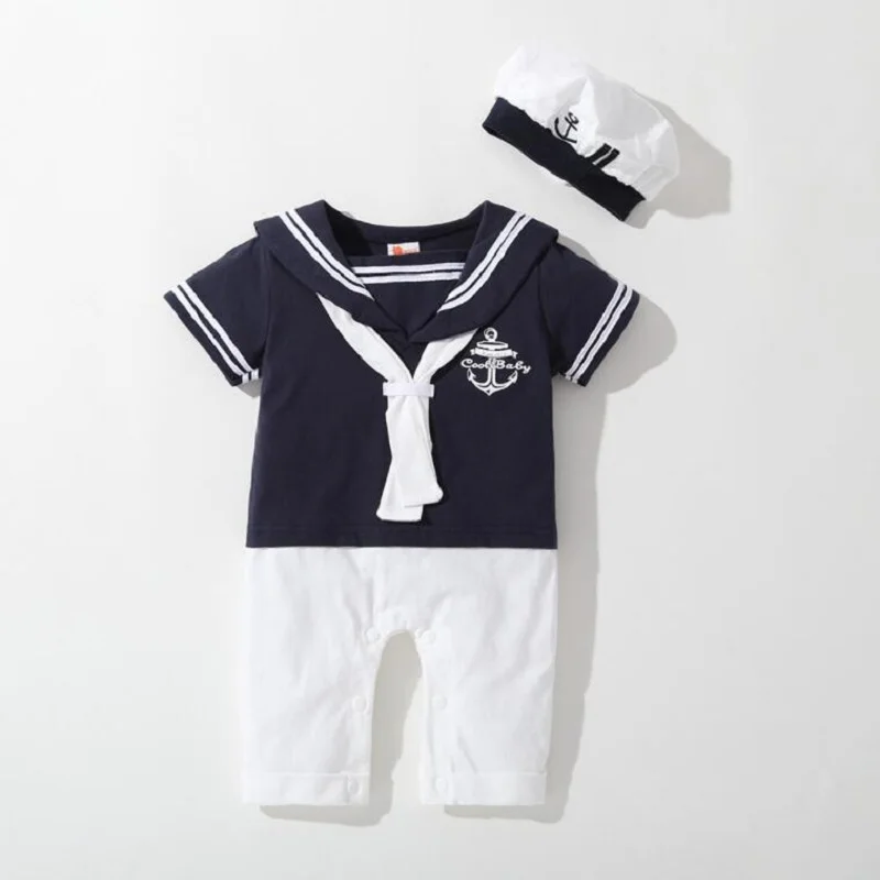 Baby Navy Romper Summer Newborn Kids Boys Girls Sailor Jumpsuit Hat 2Pcs Body Short Sleeve Anchor Printed Suit