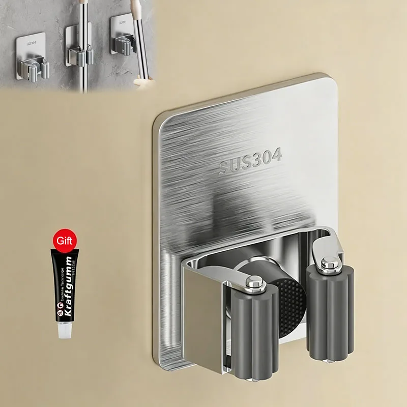 Punch-Free Self Adhesive Mop Broom Holder Wall Mounted Cleaning Tool Storage Rack Waterproof Space Saving Organizer
