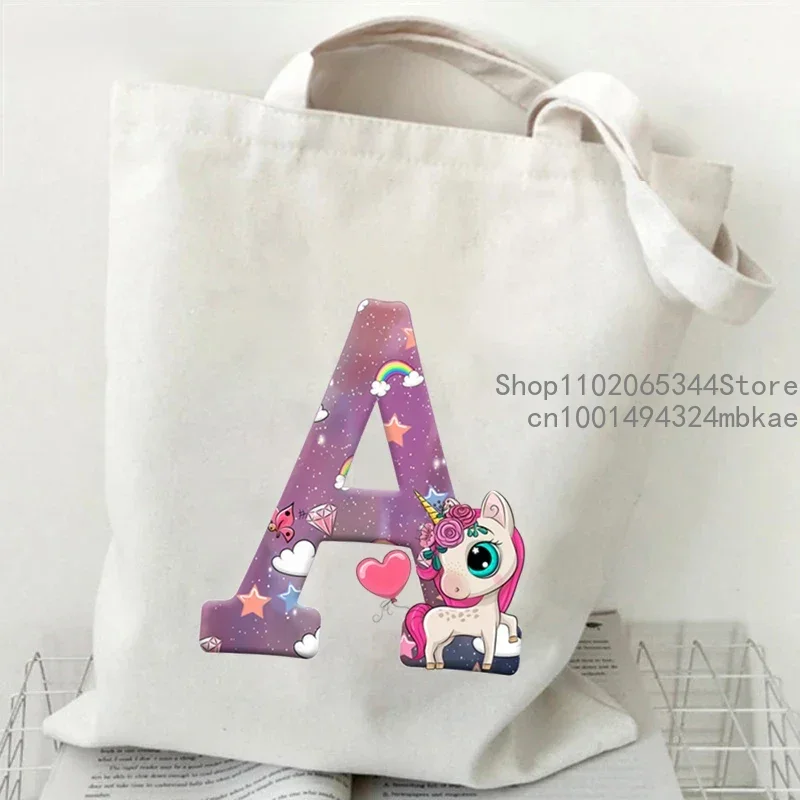 Kawaii Cartoon Unicorn Alphabet Pattern Canvas Shoulder Bag Women Cute Animals Lover Tote Bags 26 Alphabet Unicorn Women Handbag