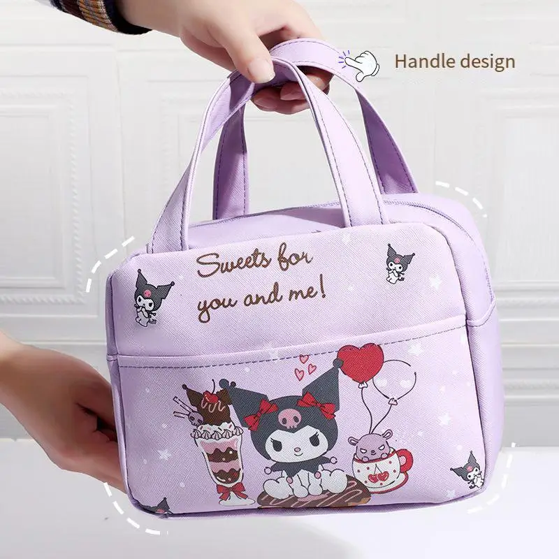 Sanrio Cartoon Bento Bag Kuromi Large Capacity Student Lunch Bag My Melody Hellokitty Cute Girls Simple Double Insulated Tote