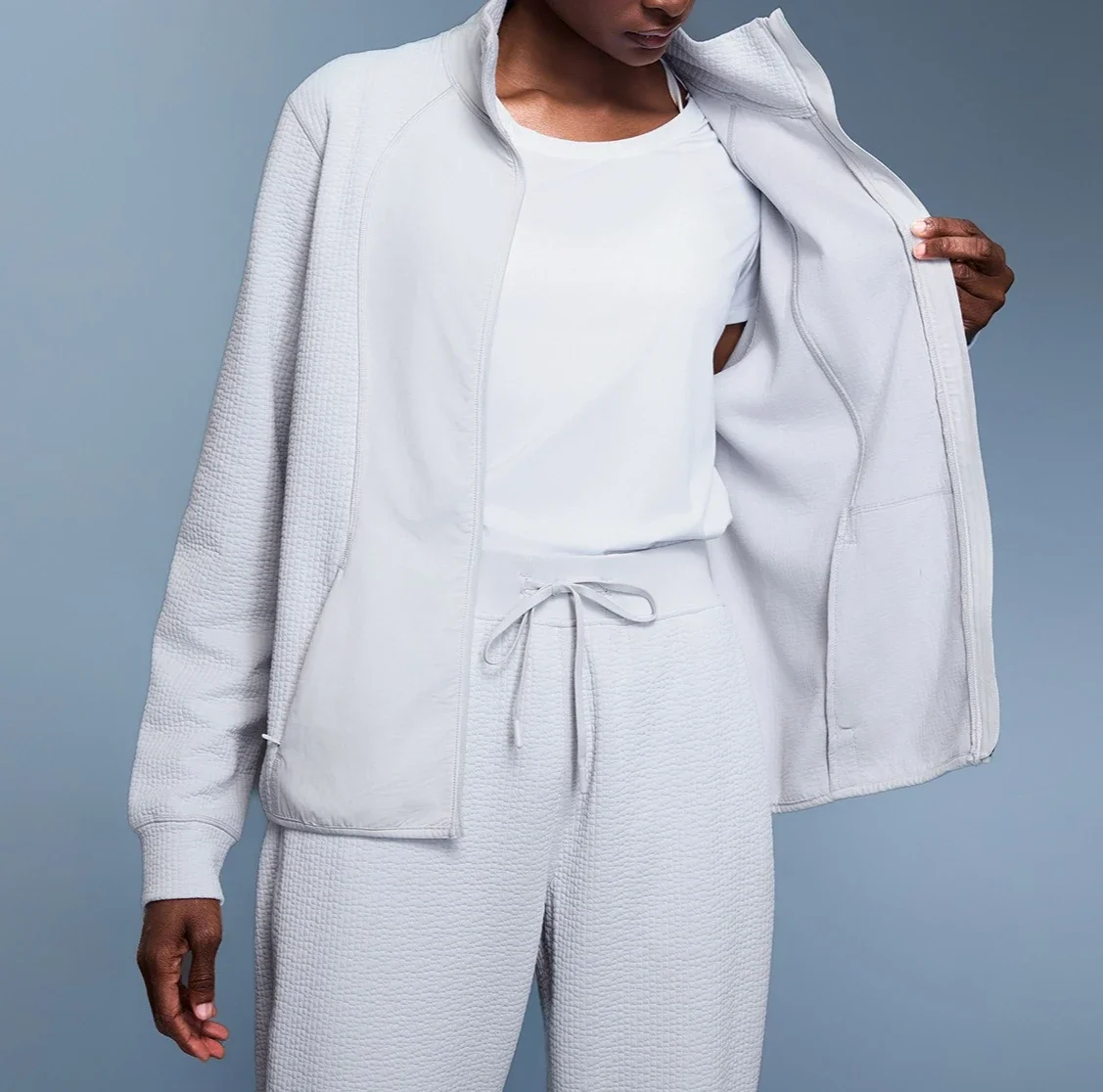 

Womens Windproof Warm Waffle Knit Fitted Stand Collar Sport Coat Casual Comfortable Loose Fashion Paneled Zipper Sweater