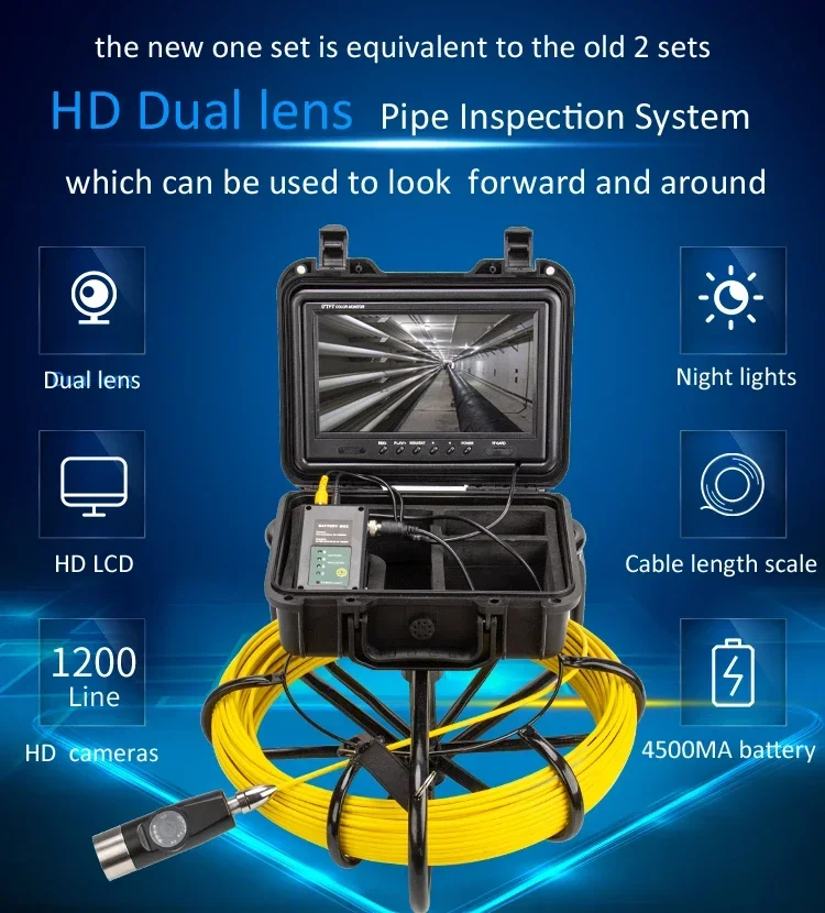HD 1200TVL 파이프 검사 시스템 듀얼 렌즈 WP9600 비디오 레코더 내시경 카메라(Wi-Fi 케이블 길이 스케일 4500mah 배터리 포함)