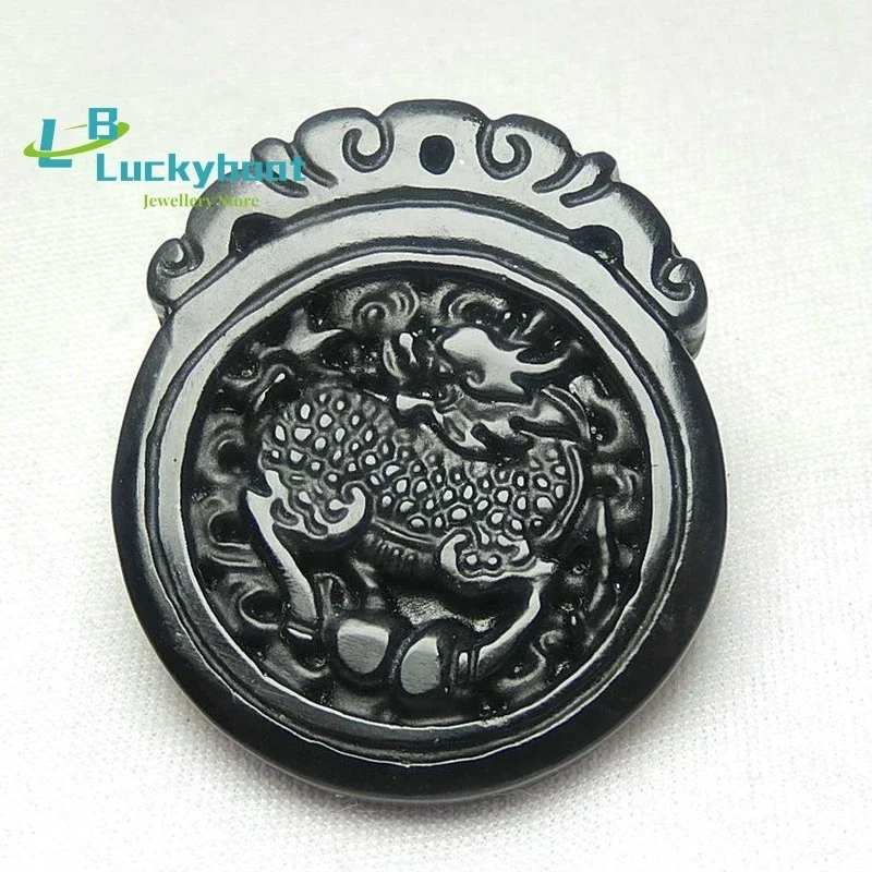 Chinese Natural Black Green Jade Dragon Kirin Pendant Necklace Obsidian Hand-Carved Charm Jewelry Fashion Amulet Men Women Gifts