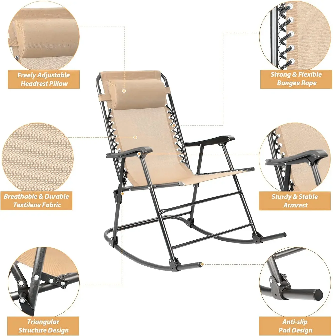 Mecedora de gravedad cero para Patio, silla reclinable ancha para exteriores, para césped, playa, Camping, junto a la piscina con almohada para reposacabezas (Beige)