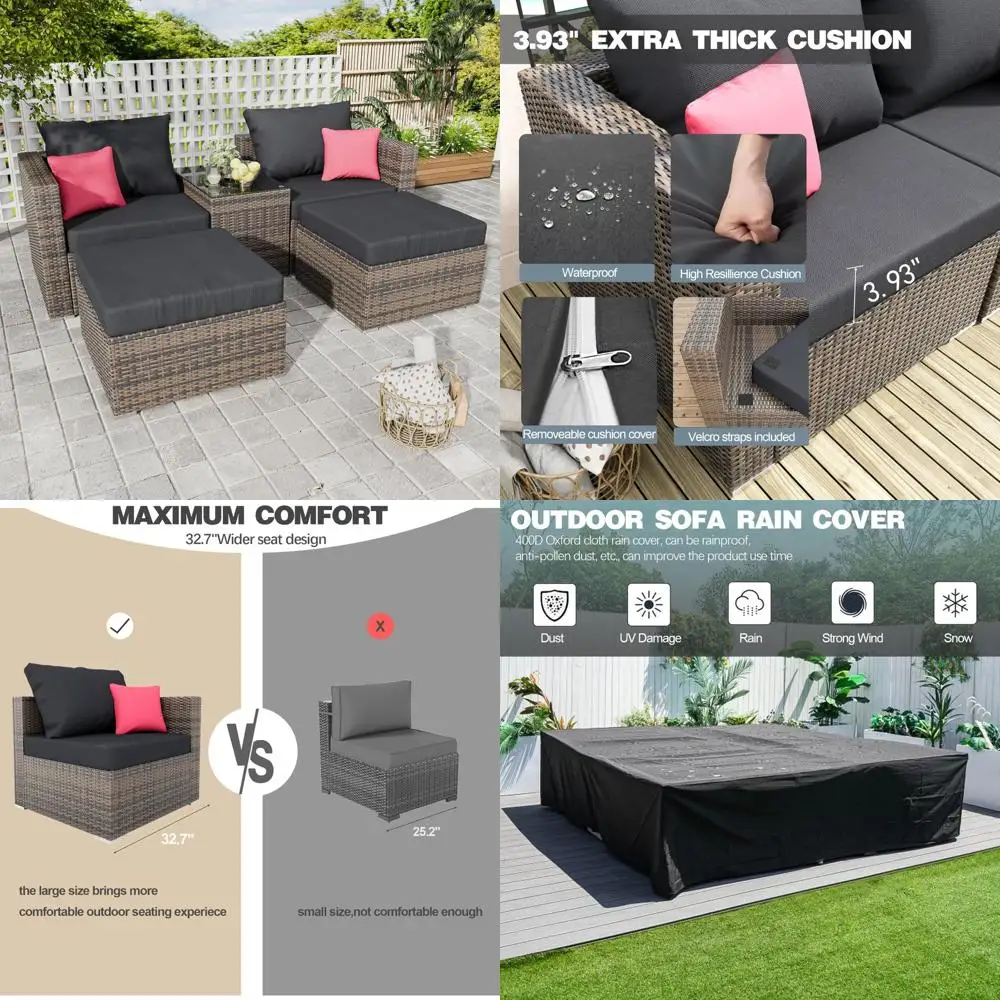 مجموعة أثاث مقطعي للفناء الخارجي مع مسندين: أريكة خوص مكونة من 5 قطع لمحادثات الحديقة #1