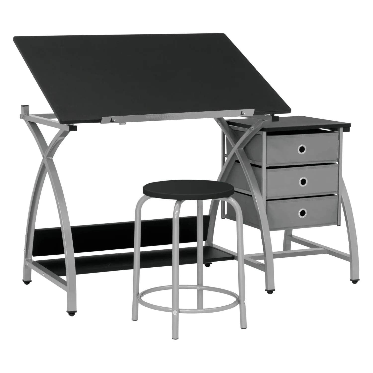 2 Piece Comet Center Plus, Craft Table and Matching Stool Set with Storage and Adjustable Top, Silver/Black