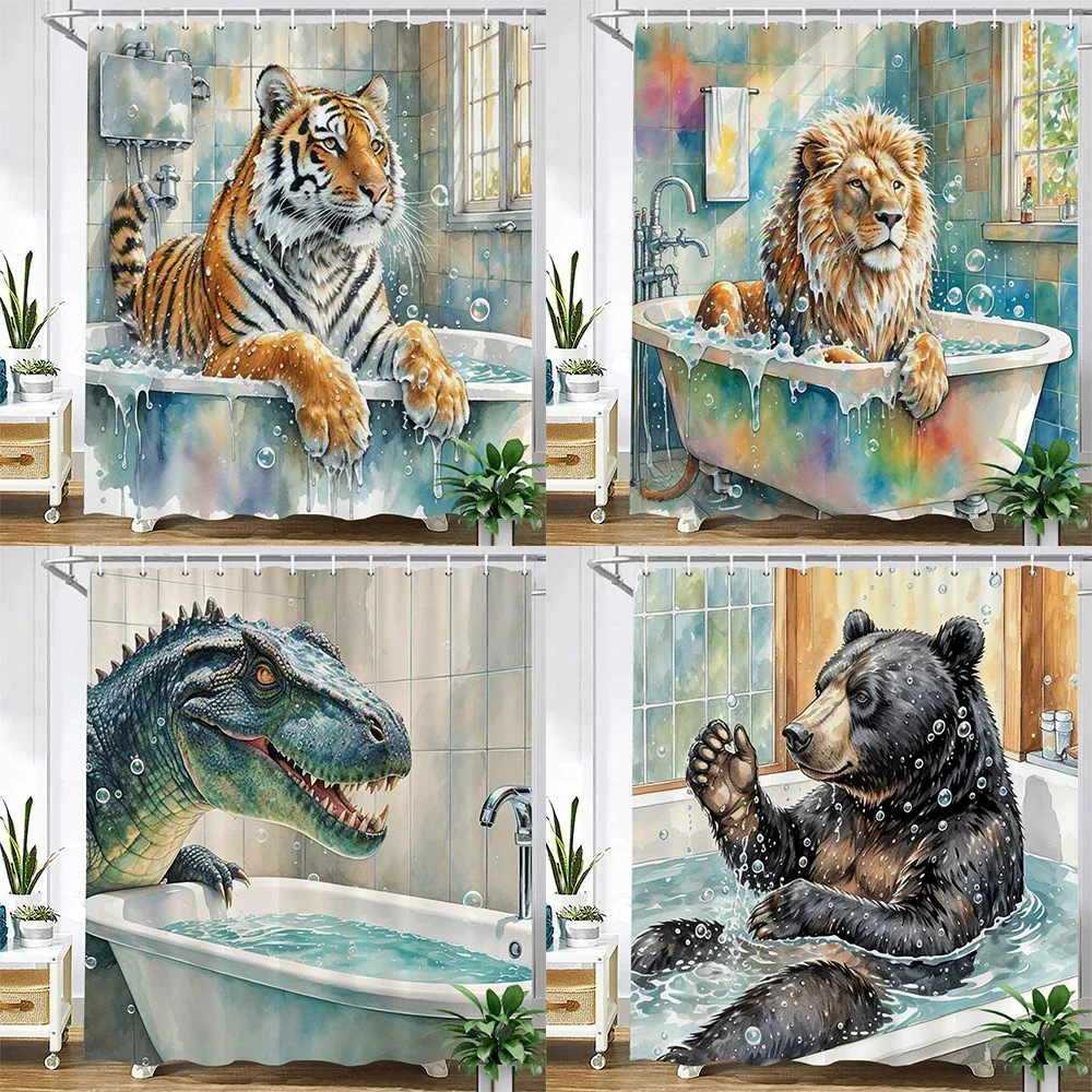 Amusing and creative animal shower curtain waterproof bathroom curtain funny bathing Lion, tiger and bear partition bath curtain