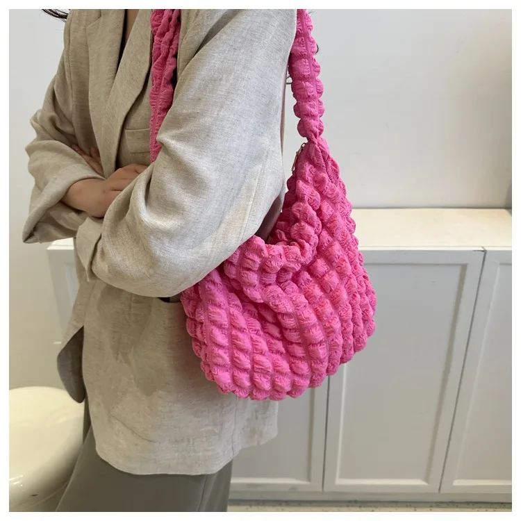 Wrinkled design embroidered plaid shoulder bag underarm bag simple large capacity quilted tote bag for women