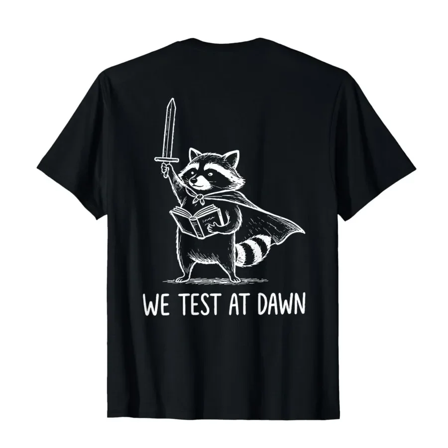 

(On Back) Teacher Raccoon Meme We Test At Dawn Test Day T-shirt For Men Women 100% Cotton T Shirts Short Sleeve Tops 0424-1