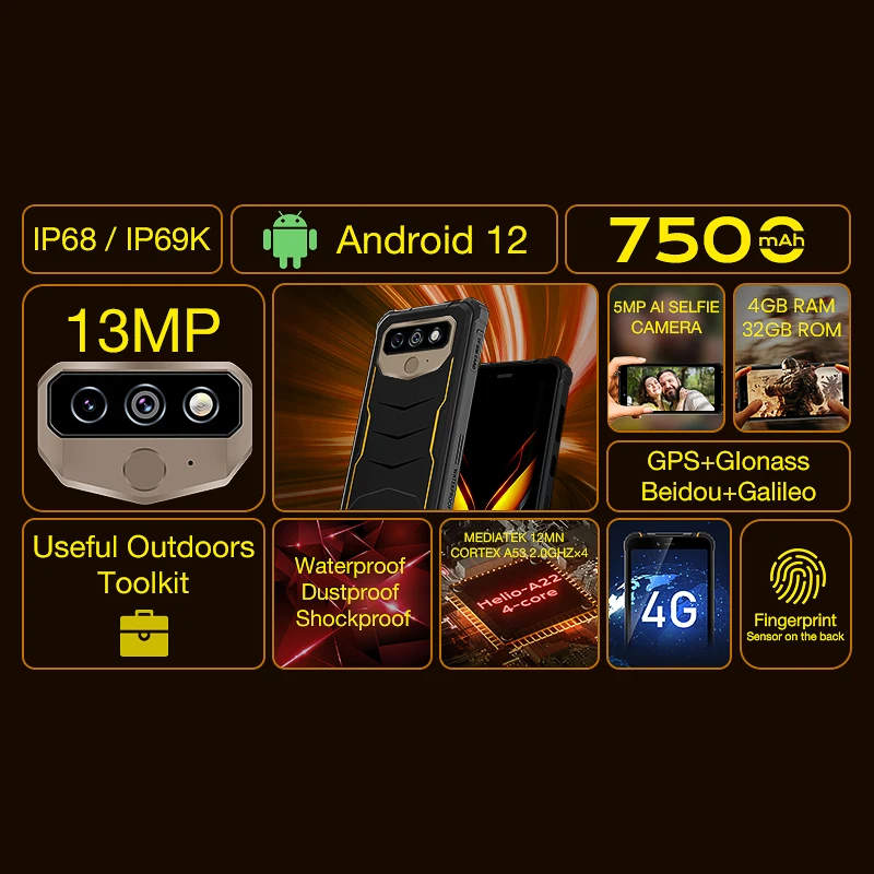 Imagem -02 - Pro 4g Smartphone Robusto Android Mtk6761 6.0 Tela 4gb 32gb 7500mah Bateria Maciça Câmera 13mp Celular ao ar Livre Hotwav-t5