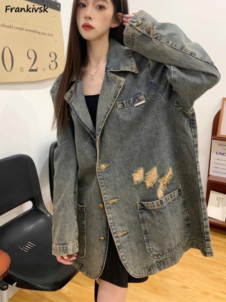 

Denim Jackets Women Minimalist Slouchy Japanese Style Baggy Hotsweet Autumn Turn-down Collar All-match Casual Harajuku Outwear