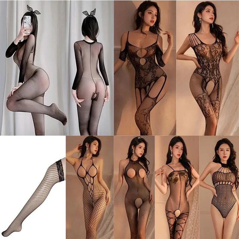 Sexy jumpsuit Mesh socks fishing nets binding tight fitting clothing opening range sexy lingerie erotic woman Full body stocking