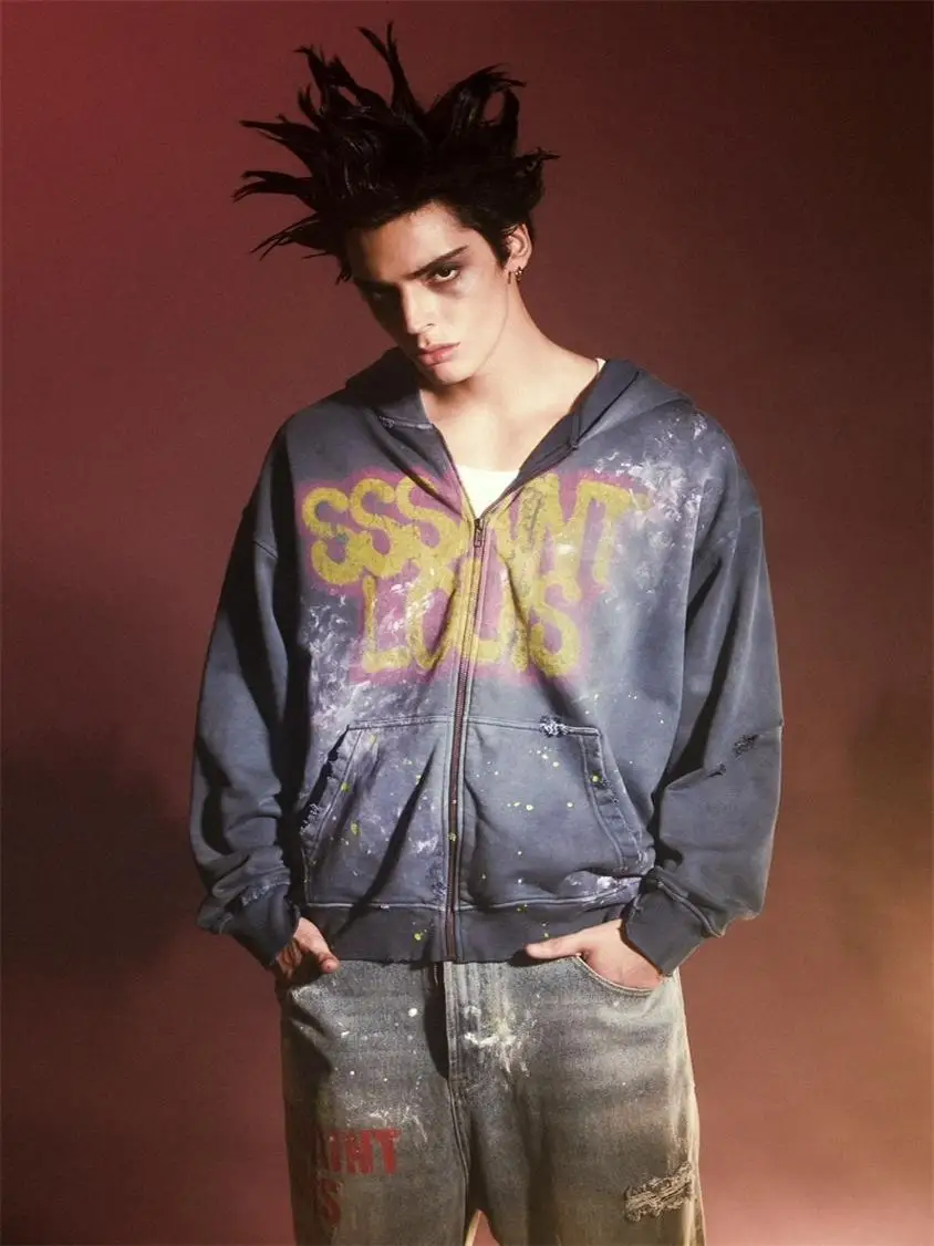 

Heavy Du Ripped Waed Zipper Hoodie Sweatirt Men's aphic T-irt Casual Youth Faion Long Sve Hooded Sweatirt