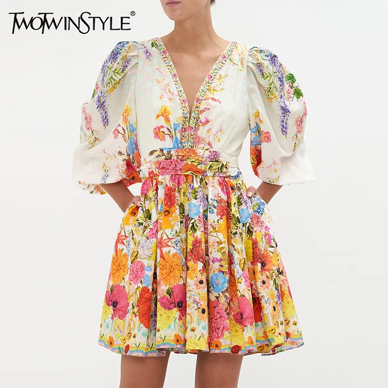 

TWOTWINSTYLE Colorblock Floral Printing Dress For Women V Neck Puff Sleeve High Waist Patchwork Pocket Elegant Dresses Female