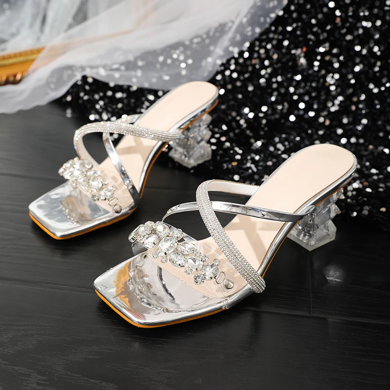 Kcenid Summer Mules Woman PVC Crystal Transparent Strange Square Heel Slippers High Heels Sexy Woman Sandals Mules Fashion Shoes