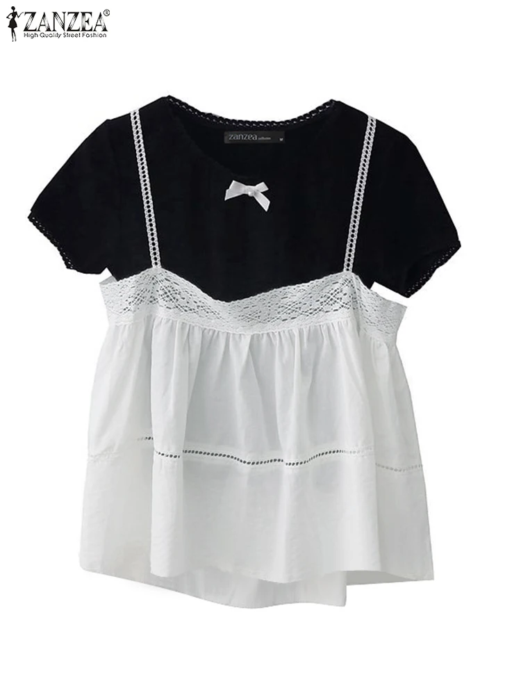 ZANZEA Fashion Summer Blouse Lace Patchwork Tops Women Short Sleeve Tunic 2025 Casual Loose Beach Blusas Oversized S-3XL