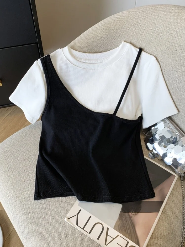 Cseta de Manga Corta con Cuello Redondo y Bloques de Color Estilo Coreano para Mujer, Top de Moda Único para Otoño, Tejido...