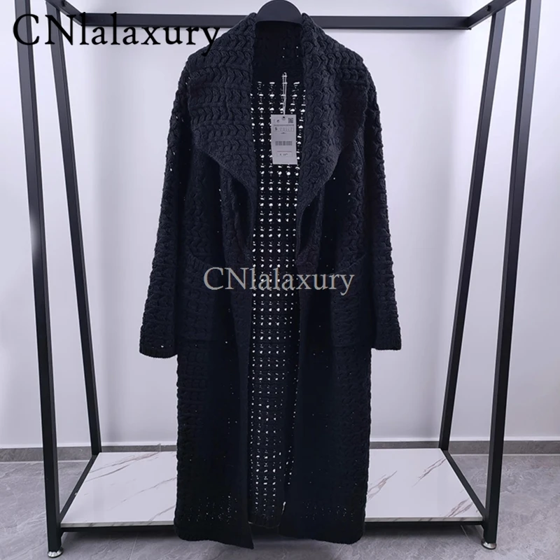 CNlalaxury 2024 Spring Women Lapel Pocket Long Knit Cardigan Overcoat Jacket Female Jacquard Hollow Out Sweater Coat Outwear New