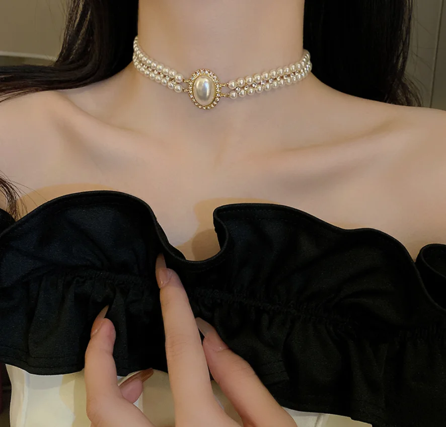 

Simple double-layer artificial Rhinestone Pearl antique copper Necklace for women Fashion Jewelry