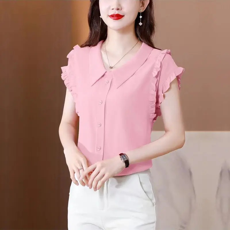 Summer Solid Color Pullover Button Short Sleeve Peter Pan Collar Ruffles Chiffon Women\'s T-shirt Casual Comfortable Retro Tops