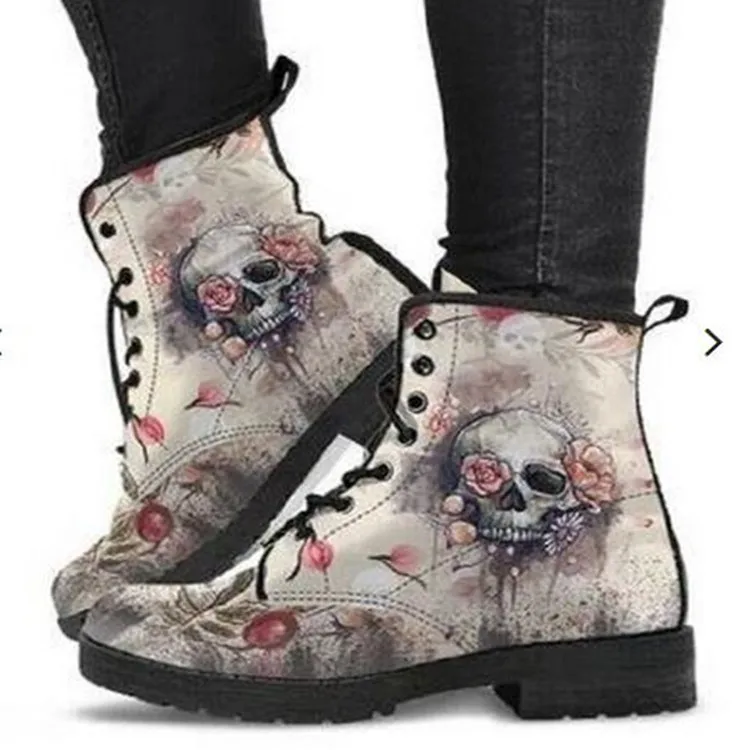 

Winter High-Top Boots Women's British Style Short Boots Autumn Winter Fashion Warm Skull Pattern Boots for Women