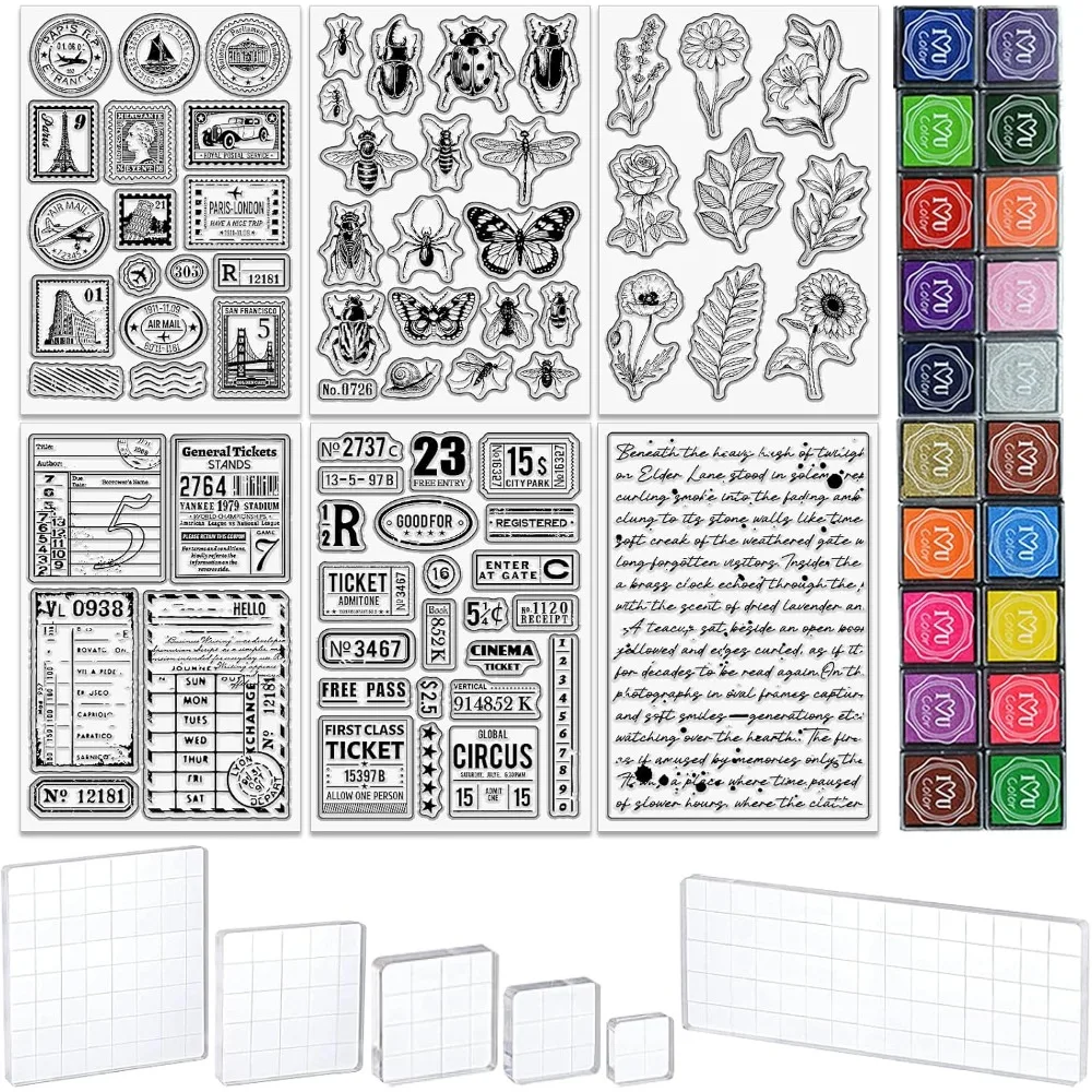 

32 шт. прозрачные штампы для изготовления карт, входят 6 листов, винтажные силиконовые штампы, 20 чернил для рукоделия, 6 акриловых блоков для штампов, фон