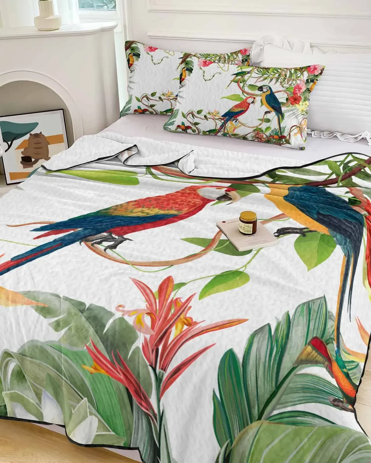 

Tropical Leaf Watercolor Parrot Summer Flowers Cooling Blankets Air Condition Comforter Lightweight Summer Quilt Thin Quilt