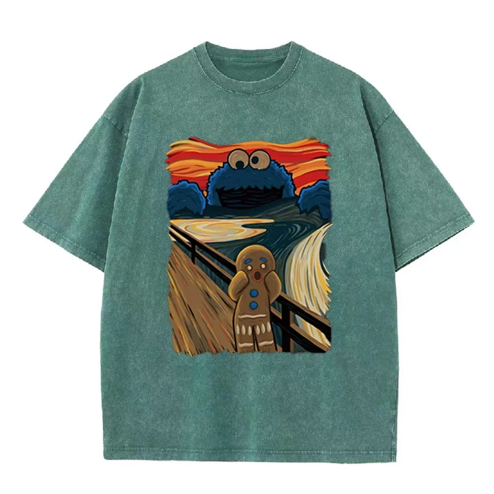 2026 Vintage Washed Black T Shirt Funny Art Parody Monster Gingerbread Man Graphic Tee Unisex Casual Top