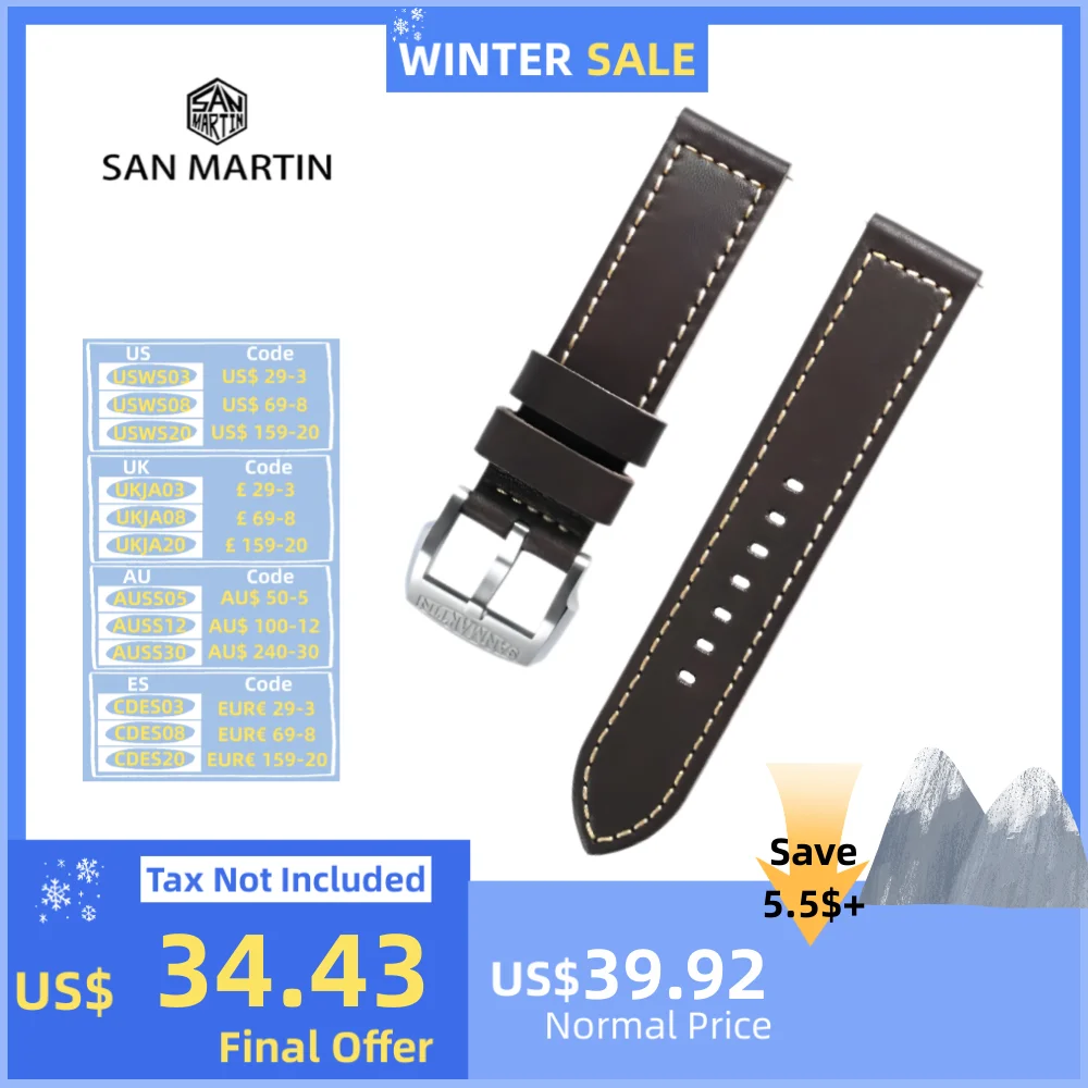 San Martin Watch Strap 20mm 23mm Baha Calfskin Leather Watchband Ebenine Rough Western Band Bronze Steel Buckle Quick Release