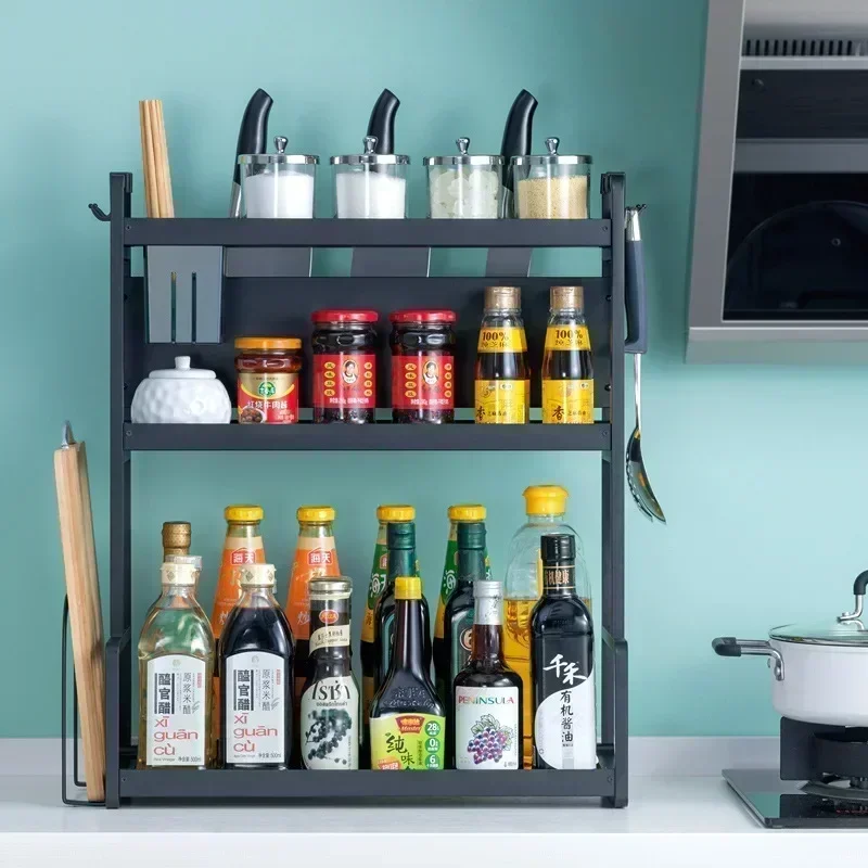 

Stainless steel kitchen rack, countertop seasoning rack, black double-layer condiment storage rack, household goods Daquan
