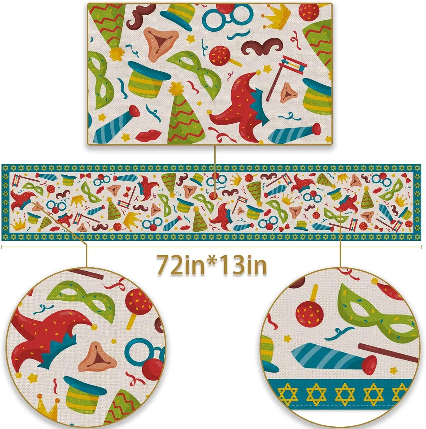Happy Purim Linen Table Runner Hamantaschen Gragger Mask Jewish Carnival Festival Holiday Party Kitchen Dining Home Decoration