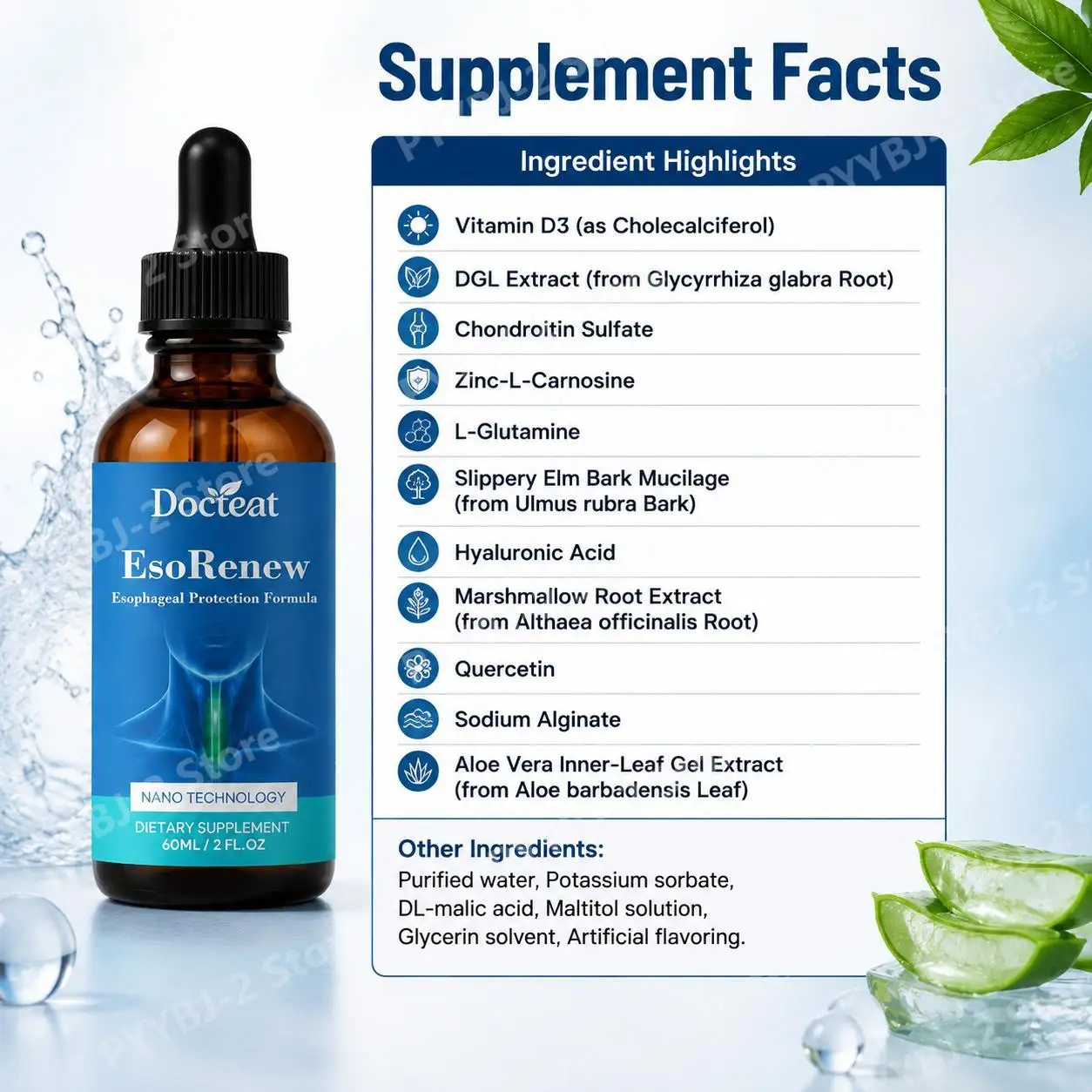 Docteat EsoRenew Esophageal Protection Drops with Aloe Vera Inner-Leaf Gel Extract and Quercetin, Upper Digestive Wellness 60 Ml