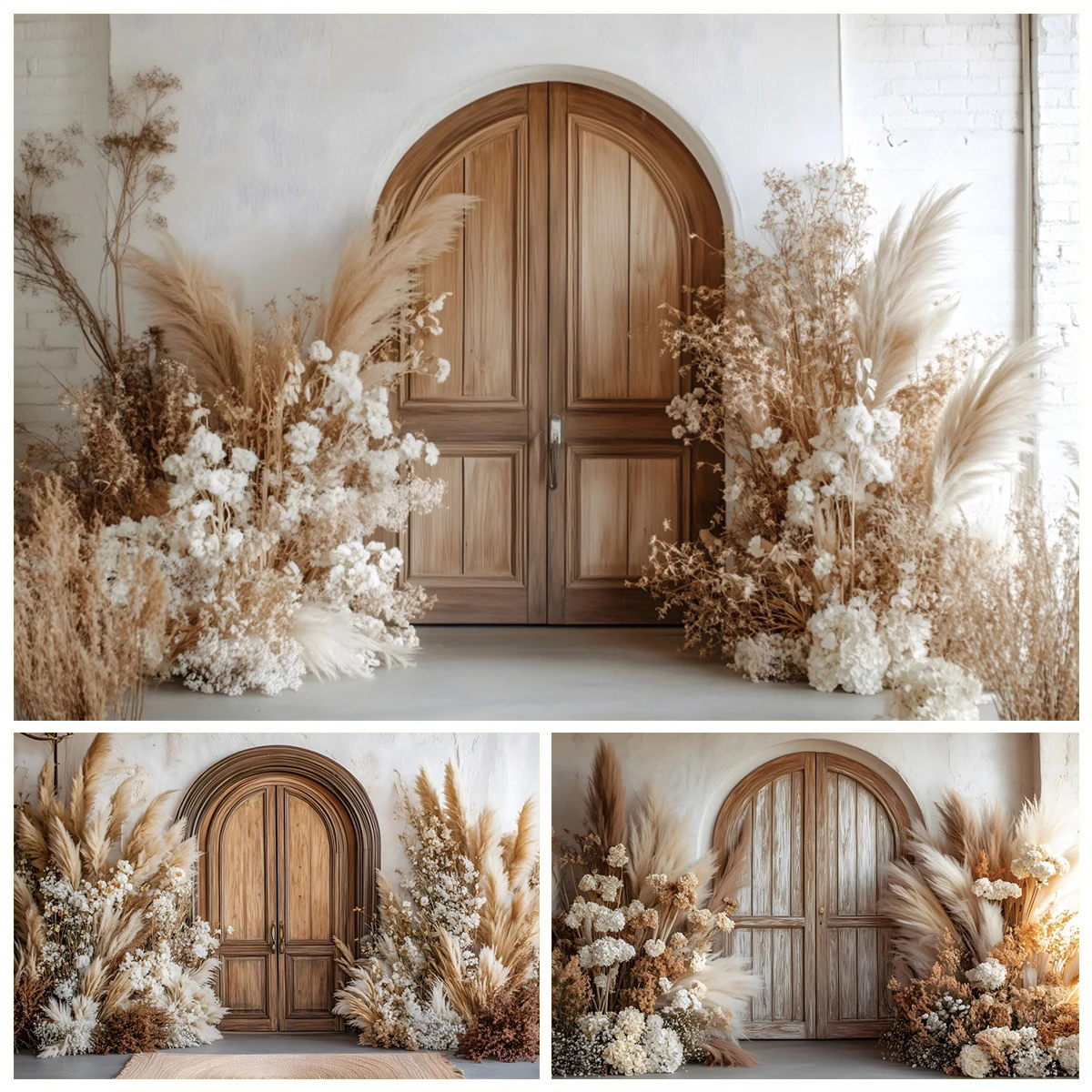 Boho Style Wooden Door Wedding Photography Backdrop White Wall Flower Pampas Grass Baby Birthday Adult Portrait Photo Background