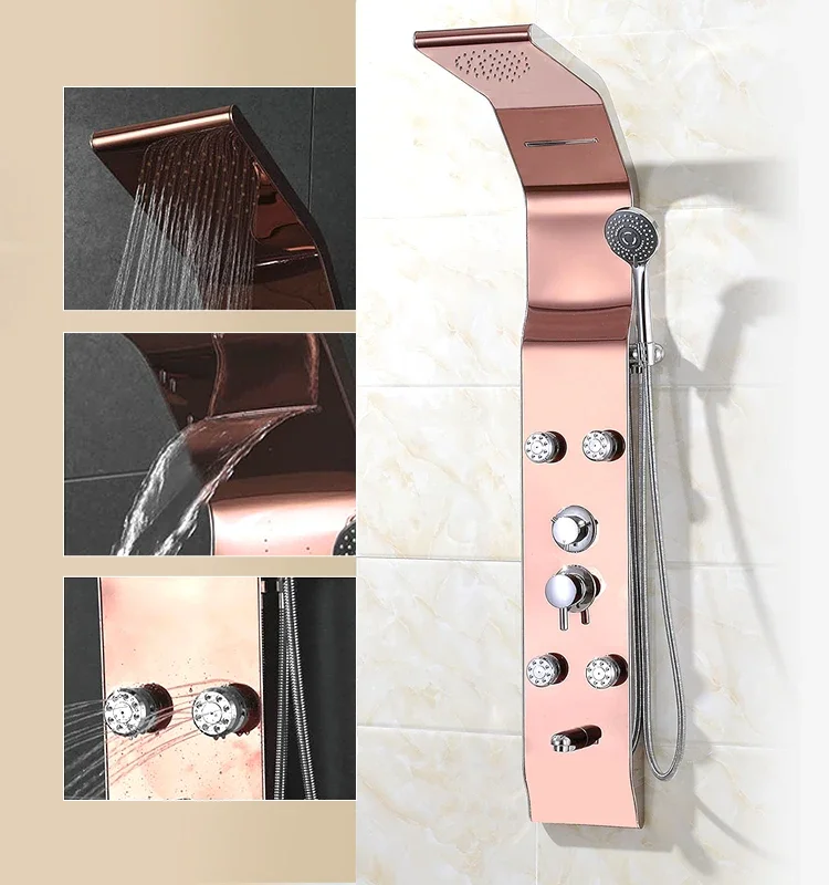 Modern Hotel Design Rose Gold Wall Mounted Stainless Steel Multifunctional Bathroom Shower Panel