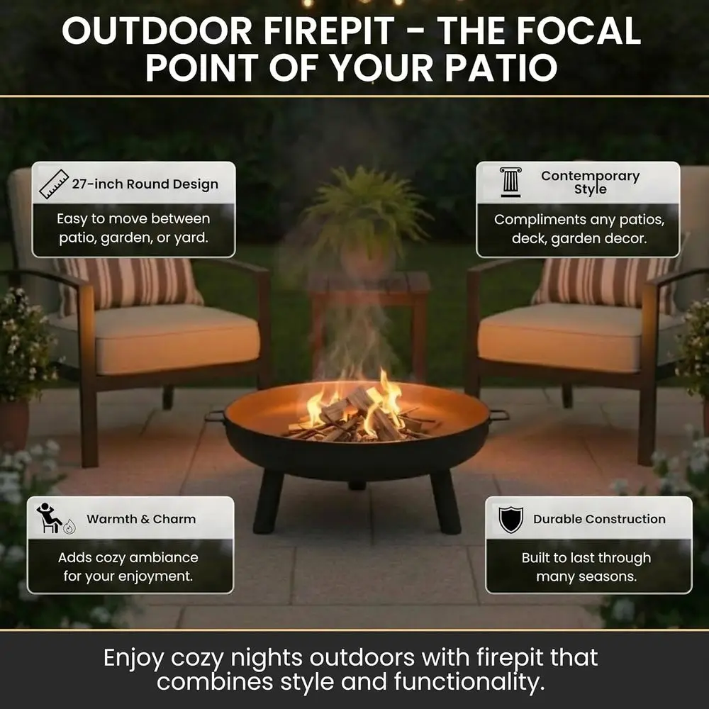 27.5-Inch Wood-Burning Outdoor Fire Pit with Handles and Cover - Ideal for Backyard, Deck, or Patio (Black) view 2