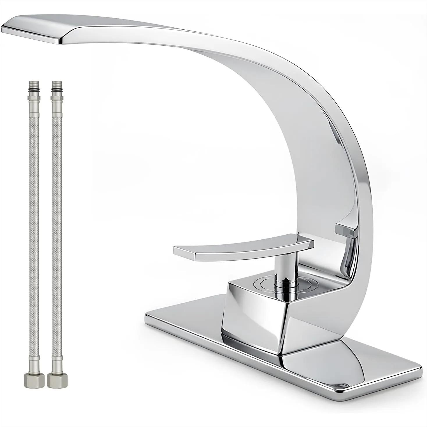 

Single Hole Bathroom Sink Faucet with Curved Chrome Finish, Solid Brass Construction for Long-Lasting Use