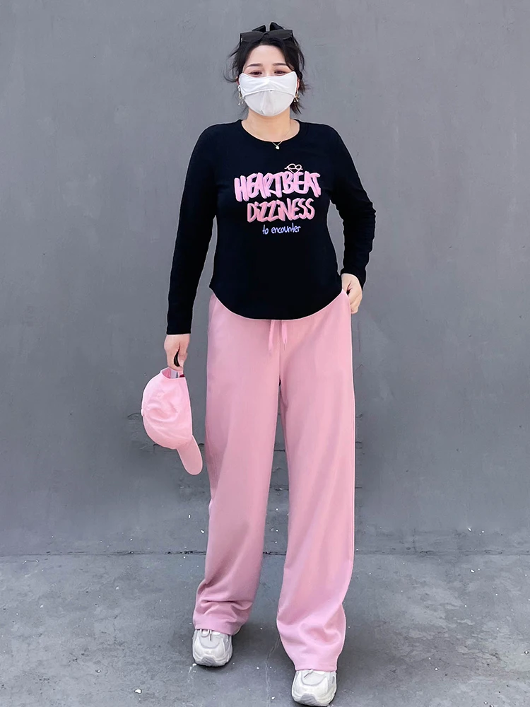 

plus Size Women's Slimming Outfit Loose Wide Leg Pants Long Sve Base irt Narrow Sle Korean Faion Autumn Winter Set